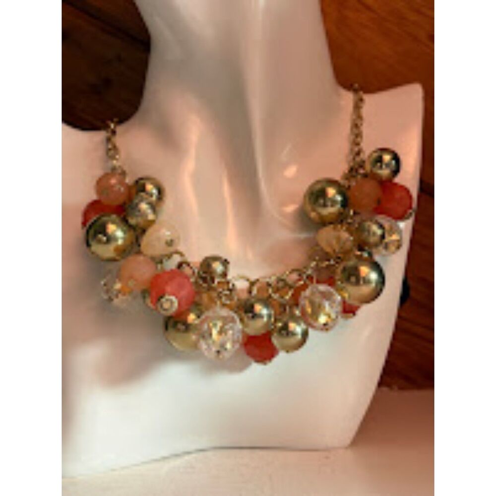 Pink, Coral Beaded Gold Necklace